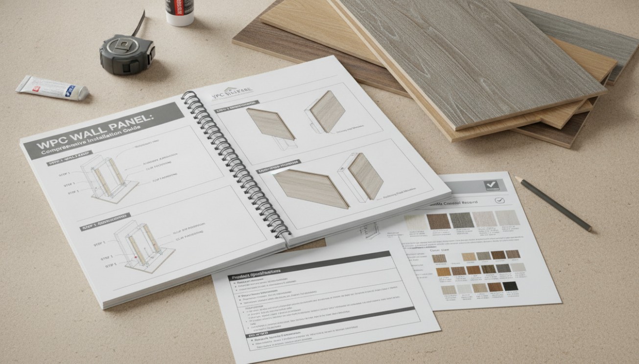 Wall panel installation guide with wood-look panel samples, trims and technical documents for material comparison